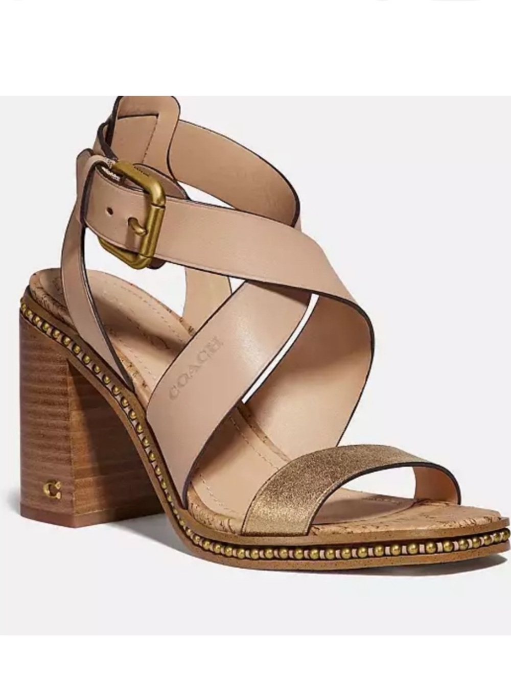 COACH Mandy Leather Block Heel Sandal Dusty Gold Beechwood Size 5